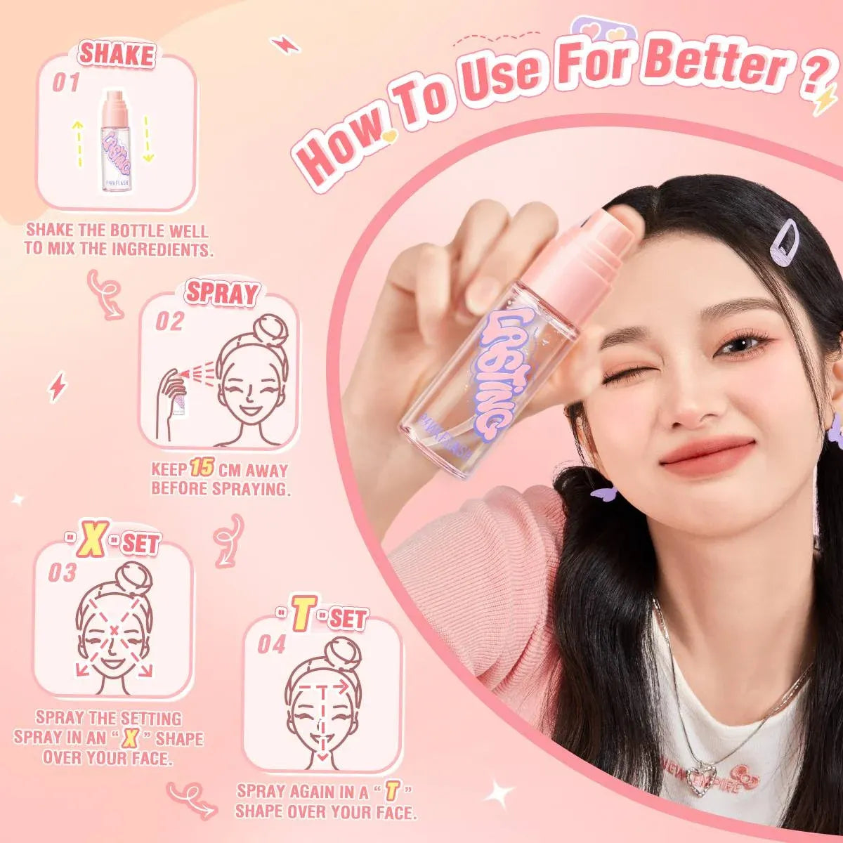 Product usage guide with a woman holding a spray bottle on a pink background
