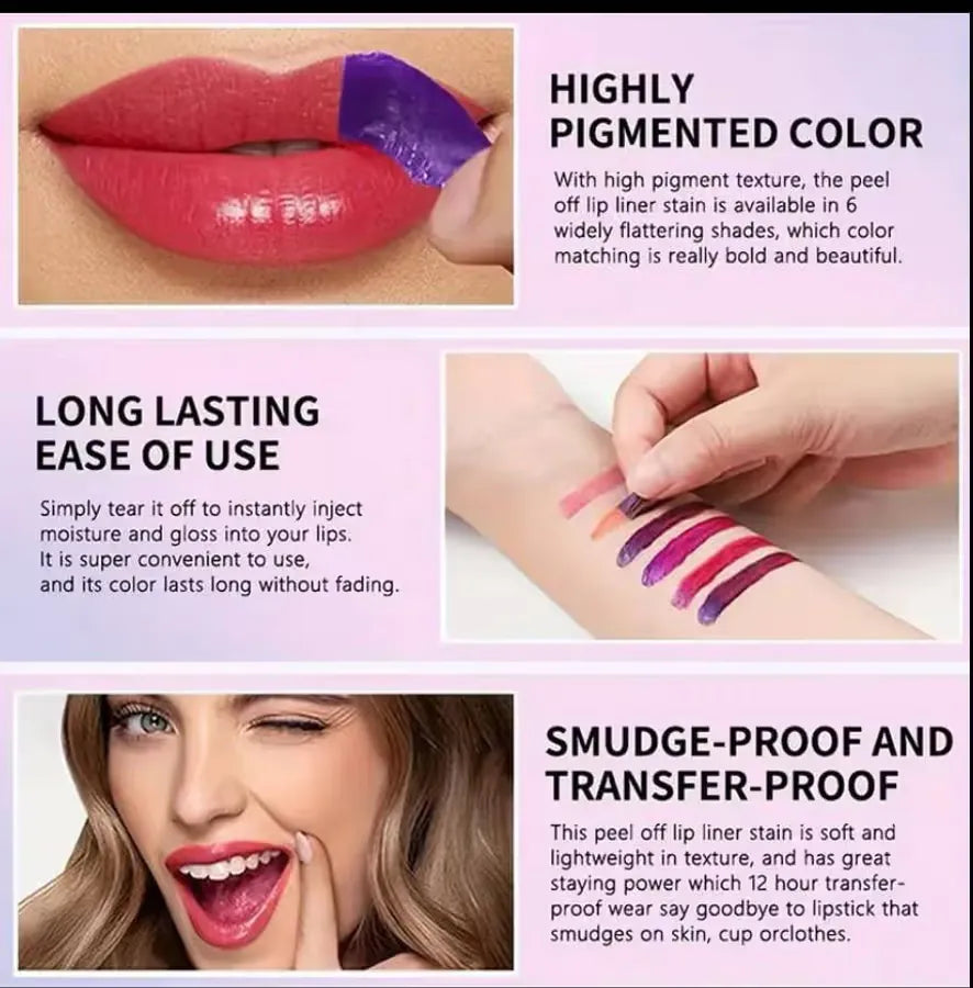 A three-panel promotional graphic for a peel-off lip liner stain. The top panel shows a close-up of lips wearing a vivid red lip liner with a purple applicator, captioned as highly pigmented color.