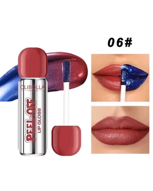 A bottle of Clibollaa Peel-Off Lip Gloss alongside a cap, a blue-purple gloss smear, and two close-up lip swatches showing the applied color. The shade number '06#' is printed in the top right.