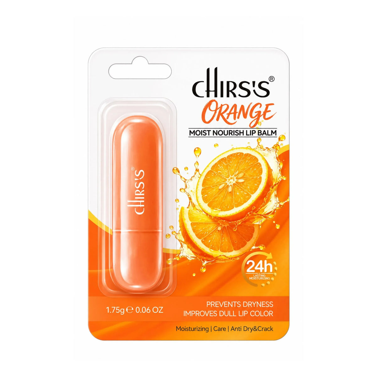 Chirs's Orange Moist Nourish Lip Balm in its original retail blister packaging, featuring an orange balm stick and vibrant orange graphic designs on a white background.