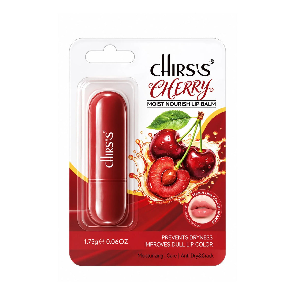 Chirs's Cherry Moist Nourish Lip Balm in its original blister pack packaging, featuring a red lip balm stick with the brand name printed on it, set against a clean white background.