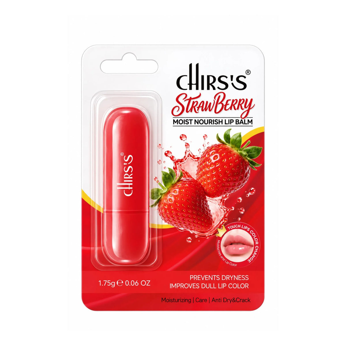 Chirs's Strawberry Moist Nourish Lip Balm in its retail blister packaging, featuring a red lip balm tube with the brand name printed on it, set against a white and red card with illustrations of fresh strawberries.