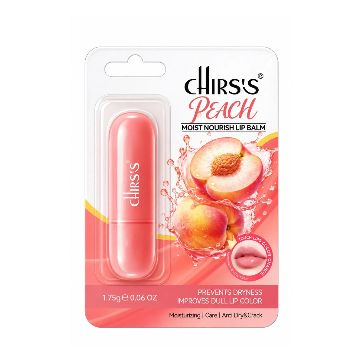 Chirs's Peach Moist Nourish Lip Balm in a pink peach-colored tube, packaged in a white and pink blister card with peach graphics.