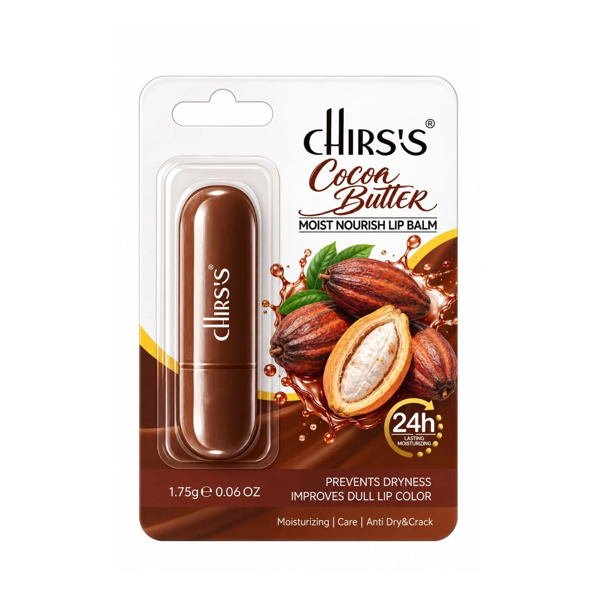 Chirs's Cocoa Butter Moist Nourish Lip Balm in its original blister card packaging, featuring a brown lip balm tube with the brand name printed on it, set against a clean white background.