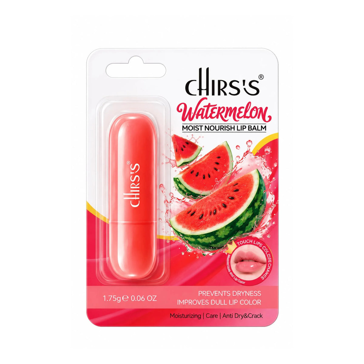 Chirs's Watermelon Moist Nourish Lip Balm in a pinkish-red tube, packaged in a clear blister pack with a white and pink backing card featuring watermelon graphics.