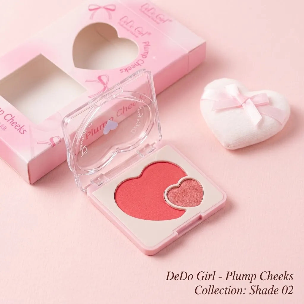 A heart-shaped blush compact from DeDo Girl Plump Cheeks in shade 02, shown open with its pink packaging box and a small white heart-shaped sponge on a soft pink background.