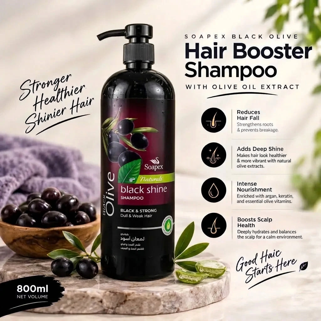 Soapex Black Olive Hair Booster Shampoo bottle displayed on a marble surface with olives and green leaves, surrounded by promotional text and product benefits on a soft beige background.