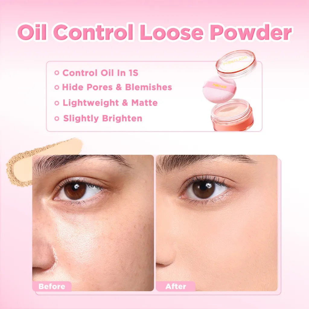 Promotional graphic for 'Oil Control Loose Powder' with text listing benefits, small product jar illustrations, a makeup swatch, and a before/after facial skin comparison.