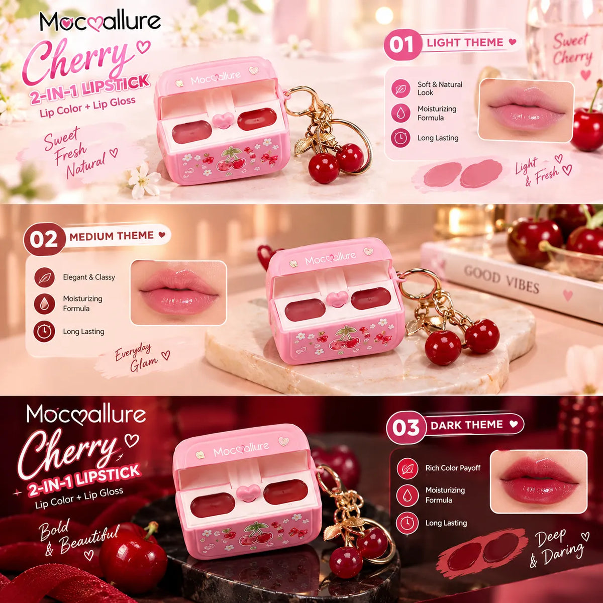 A promotional collage for the Moccallure Cherry 2-in-1 Lipstick and Lip Gloss. The product packaging is a small pink case decorated with strawberry patterns, shown in three themed sections (Light Theme, Medium Theme, and Dark Theme) with corresponding lip color swatches and decorative cherries.
